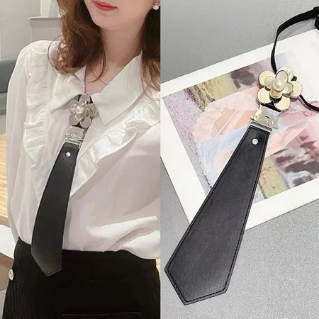 Eosunjian Faux Leather Necktie with Metal Buckle Faux Pearl Flower Design Japanese Punk Style Adjustable Neck Tie Women Shirt Accessories Black and Silver | Walmart (US)