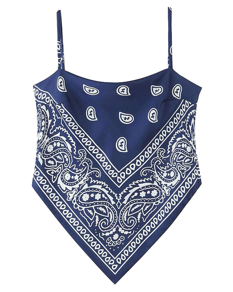 Women's Paisley Print Tie Back French Knot Hanky Hem Spaghetti Straps Handkerchief Cami Bandana T... | Amazon (US)
