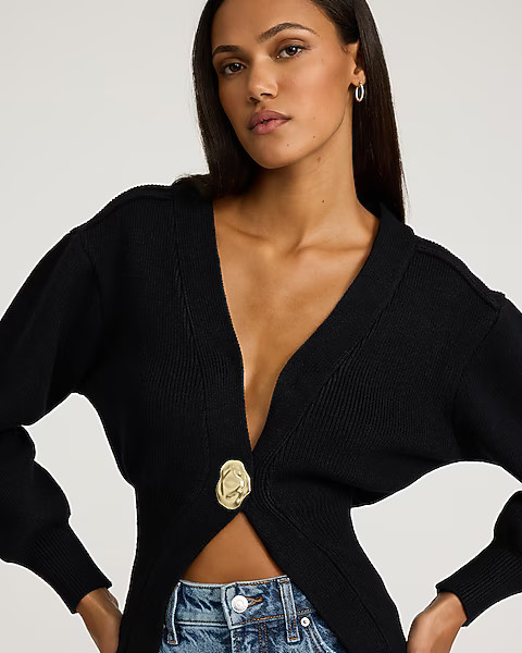 Gold Button V-Neck Banded Cardigan | Express
