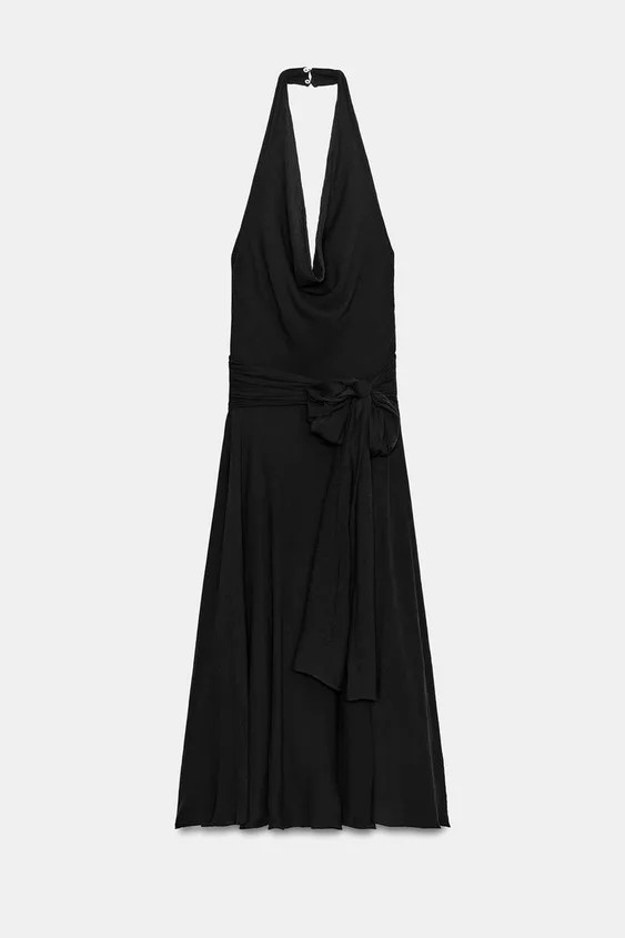 Halter neck dress with a draped neckline. Featuring a matching fabric tie-belt. Tonal inner linin... | Zara UK