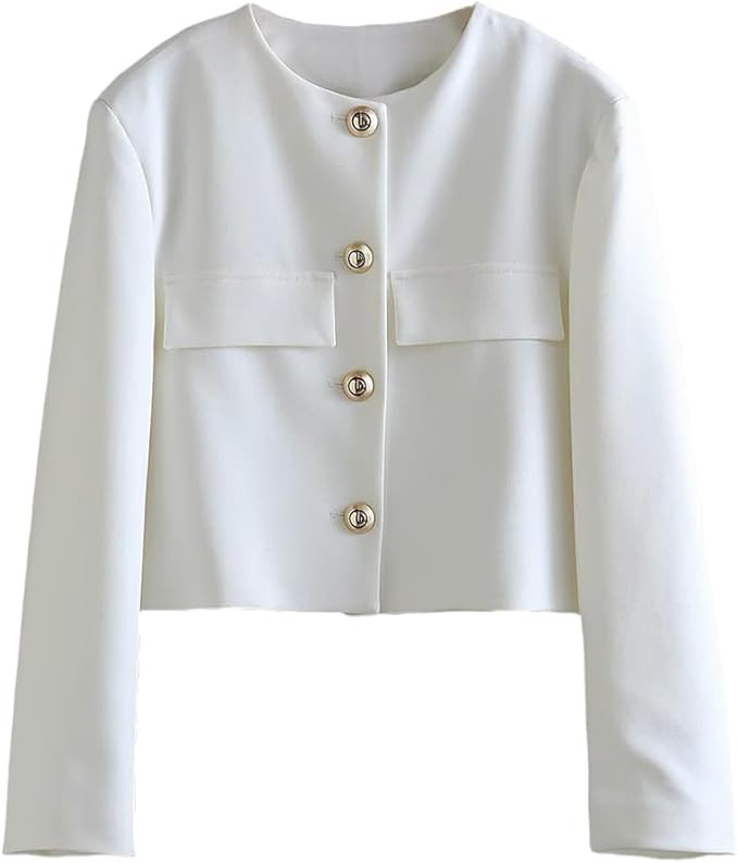 Women's White Cropped Jacket Elegant Blazer Gold Button Chic Ladies Long Sleeve High Street Coat | Amazon (US)