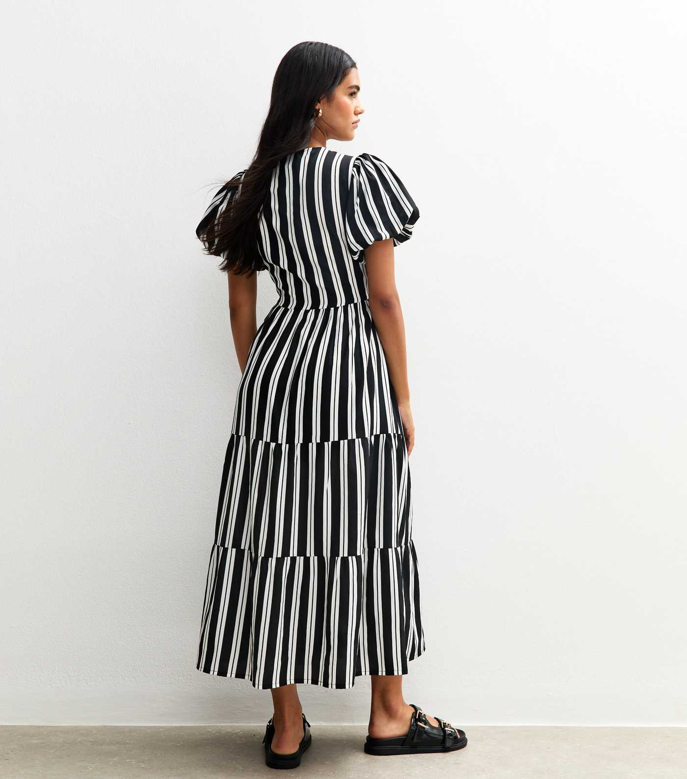 Black Stripe Print Puff Sleeve Midi Wrap Dress | New Look | New Look (UK)