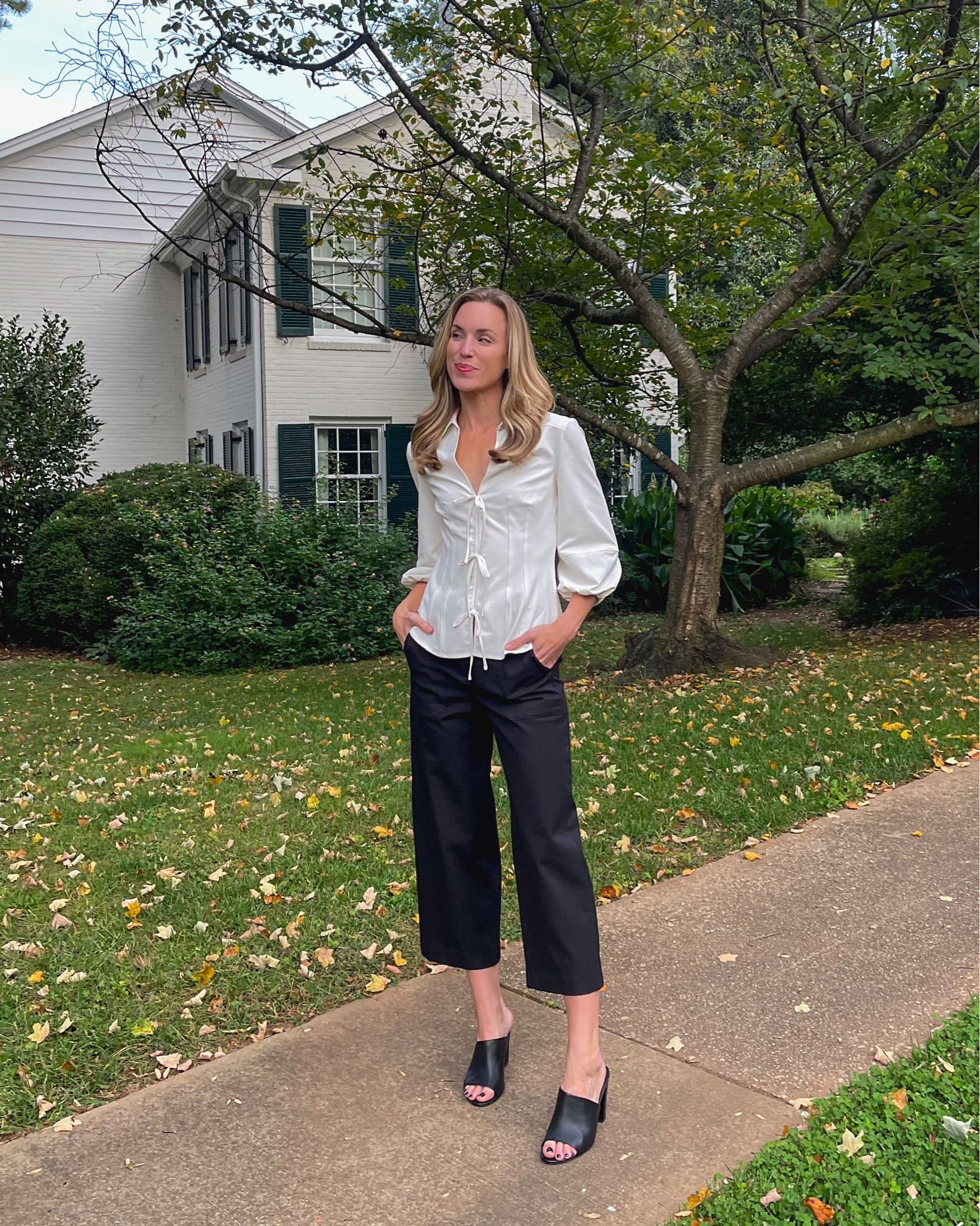 Daily look wearing Cinq a Sept top, JCrew pants (size down at least one size), Vince heeled mules (old, similar linked). 

#LTKstyletip #LTKunder100 #LTKSeasonal