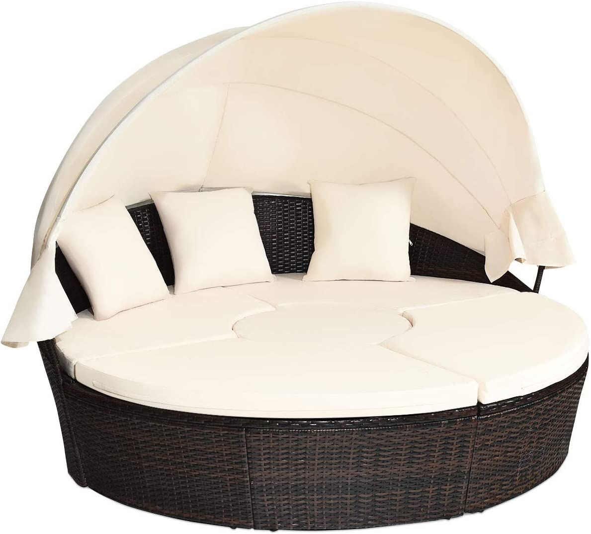 Tangkula Patio Round Daybed with Retractable Canopy, Outdoor Wicker Rattan Furniture Sets, Sectional | Amazon (US)