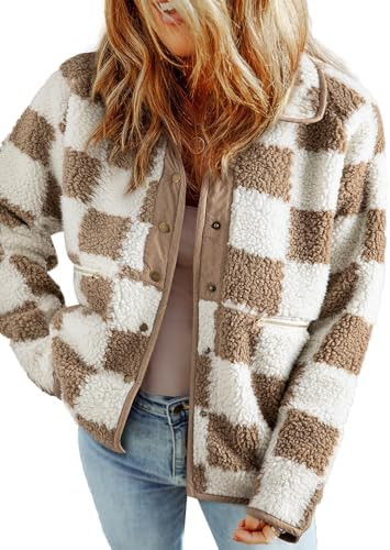 SHEWIN Jackets For Women Causal Sherpa Fall Jacket Loose Button Down Plaid Winter Coats | Amazon (US)