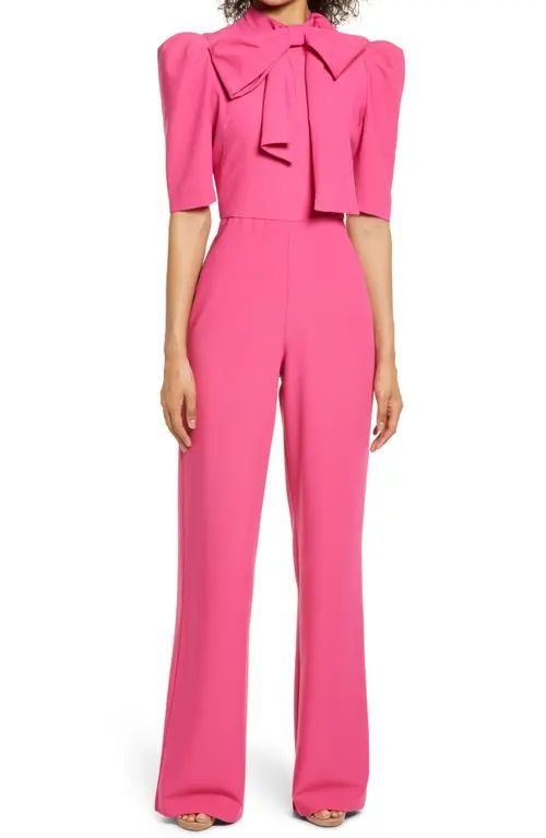 Black Halo Ara Tie Neck Puff Sleeve Jumpsuit in Hot Pink at Nordstrom, Size 0 | Nordstrom
