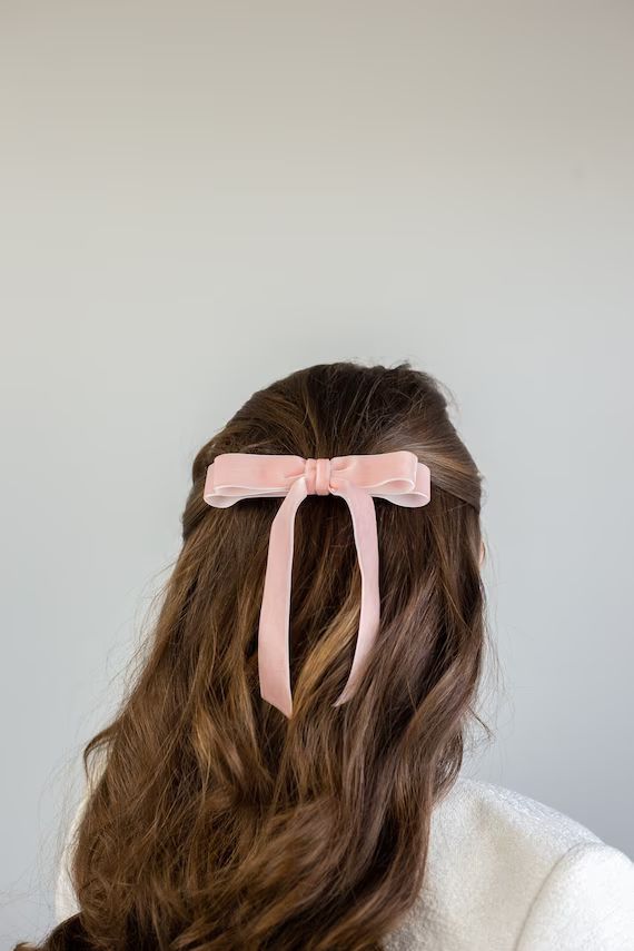 Bashful Pink Velvet Hair Bow Short Ribbon Tails French - Etsy | Etsy (US)
