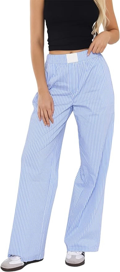 Women Elastic Waist Striped Pants Y2K Wide Leg Striped Print Trousers Low Waist Striped Lounge Pa... | Amazon (US)