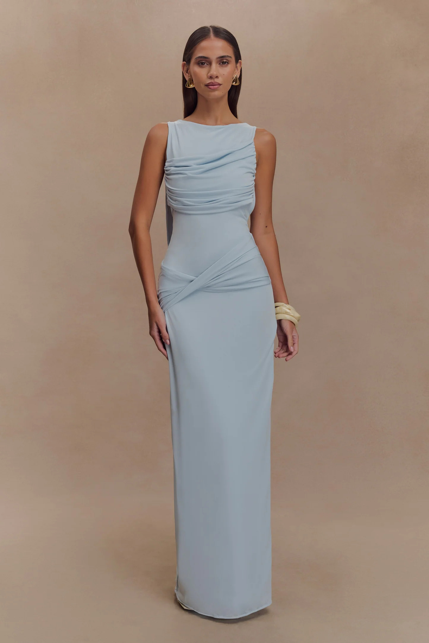 Henley Slinky Drape Maxi Dress - Pale Blue | Meshki UK