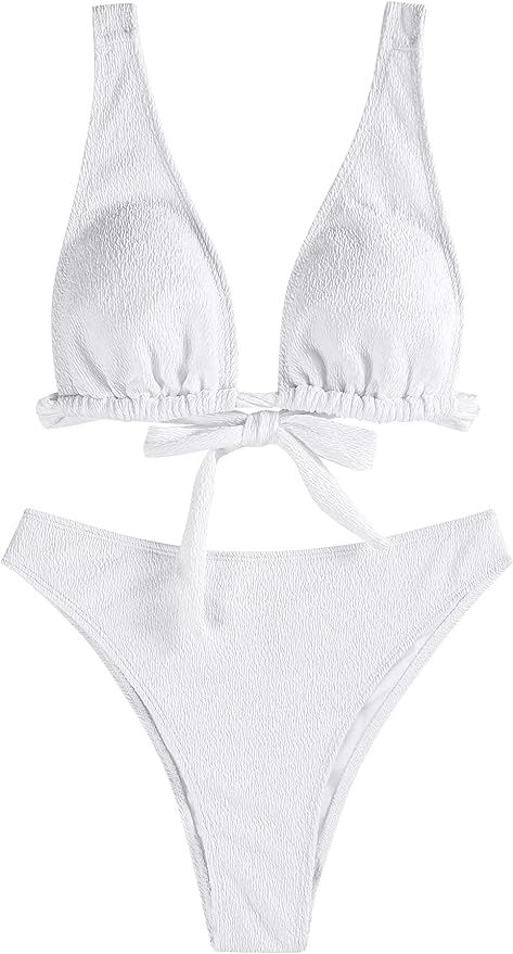 ZAFUL Women's 2 Piece Triangle Straps Bikini Set with Detachable Pads and Adjustable Back Tie Swi... | Amazon (US)