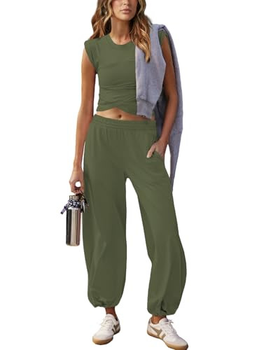 Outfeel Women 2 Piece Outfit Set Loungewear Cropped Tops and Jogger Sweatpant Matching Set Coordinated Sweatsuit with Pockets Army Green X-Small | Amazon (US)