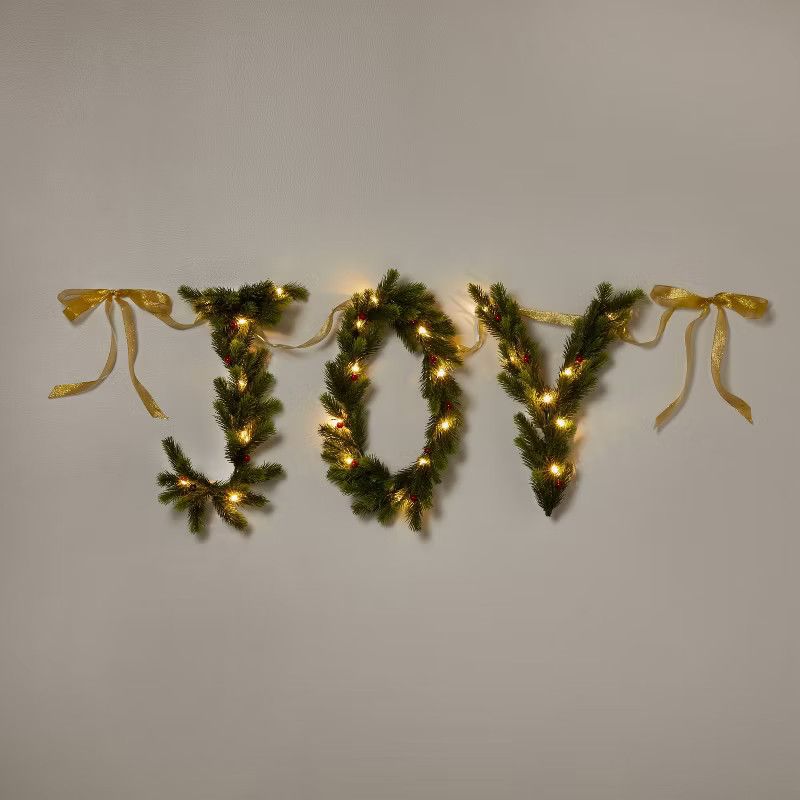 6' Pre-Lit Battery Operated Mixed Greenery 'Joy' Garland with Gold Ribbon - Wondershop™ | Target
