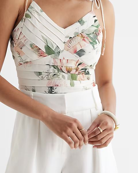 Floral Pleated Linen-Blend Tie Strap Cami | Express