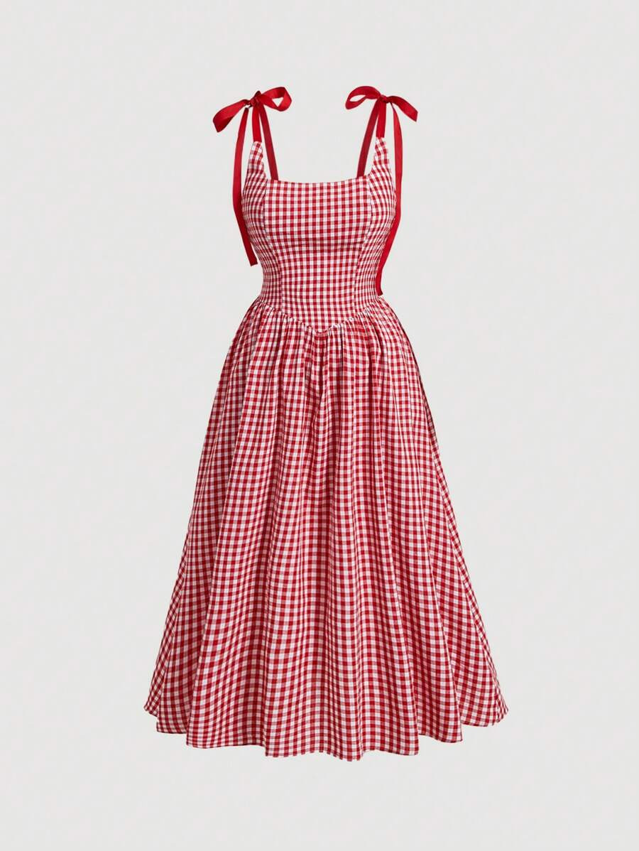 SHEIN MOD Plus Size Women's Summer Plaid Spaghetti Strap Dress With Shoulder Knot Detail | SHEIN