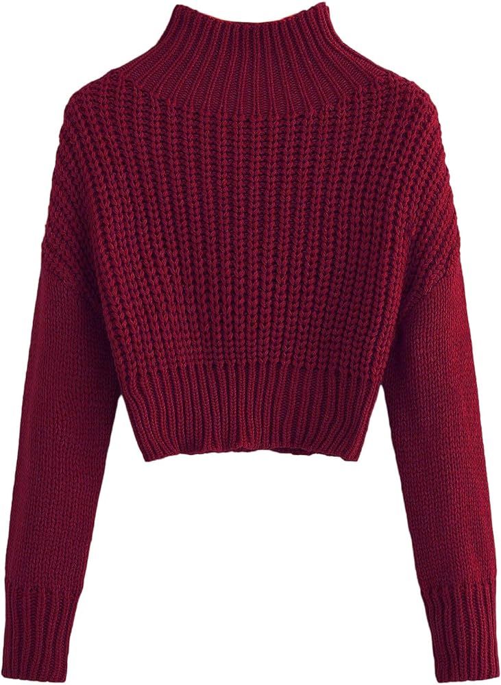 SweatyRocks Women's Drop Shoulder Mock Neck Pullover Sweater Long Sleeve Basic Crop Sweaters | Amazon (US)