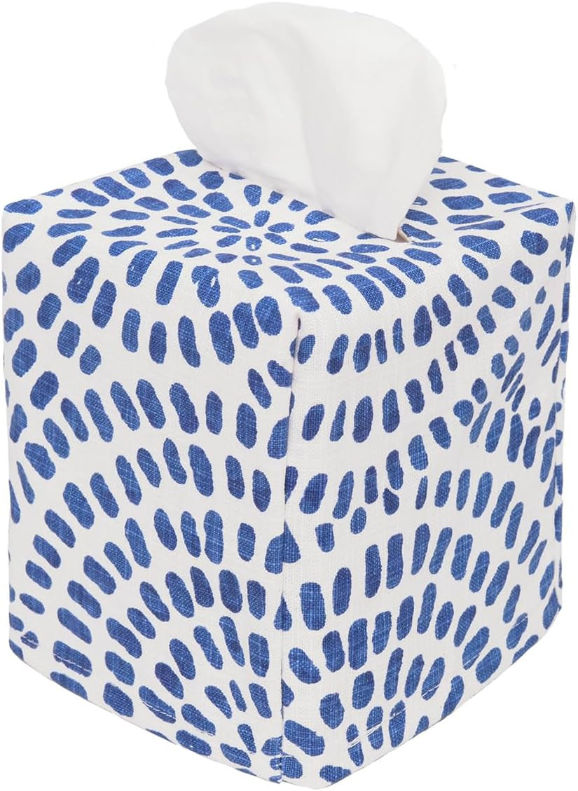 Fabric Tissue Box Cover, Tissue Holder Slipcover, Slips Over Square Cube Cardboard Boxes -Decorative Blue and White Block Print Cotton Fabric, Made in USA | Amazon (US)