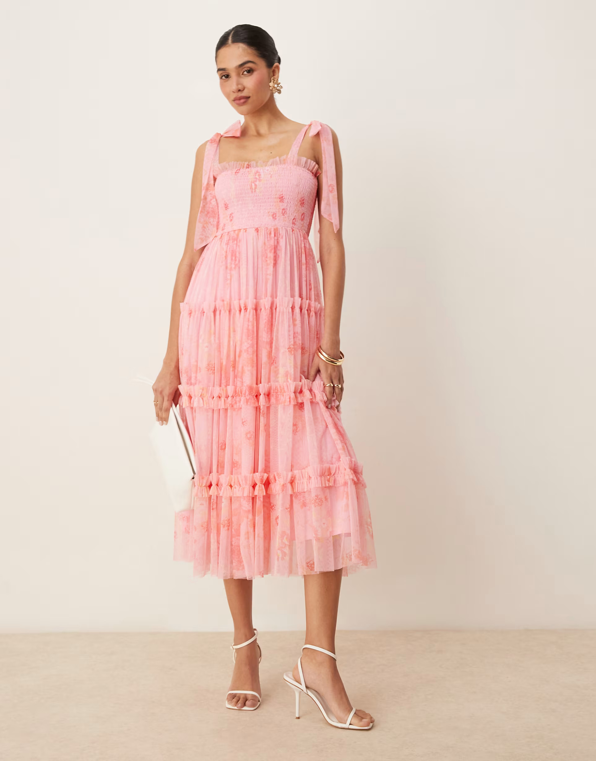 Lace & Beads bow shoulder shirred ruffle midi dress in pink floral | ASOS (Global)
