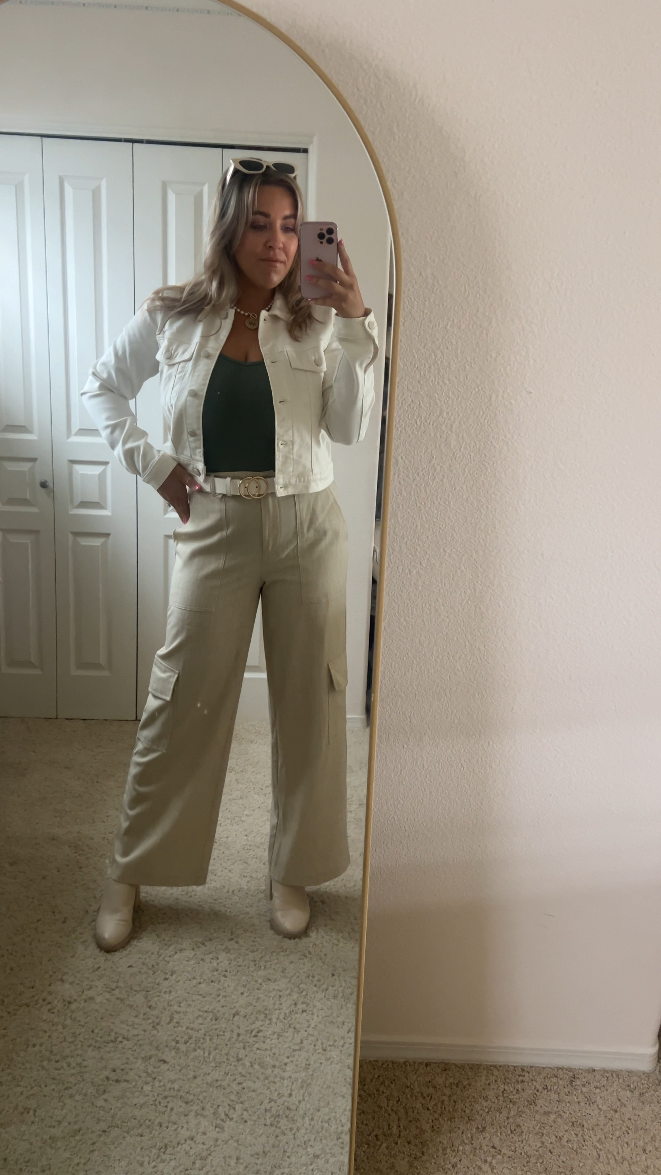 White denim jacket outfit
Business casual outfit
Styling ideas
Cargo pants for work
Bodysuit style
Work outfit idea
Summer to fall transition outfit 

#LTKFallSale #LTKStyleTip #LTKWorkwear