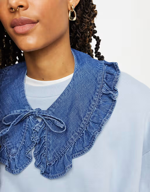 Monki Miso organic cotton ruffle tie collar in blue denim | ASOS (Global)