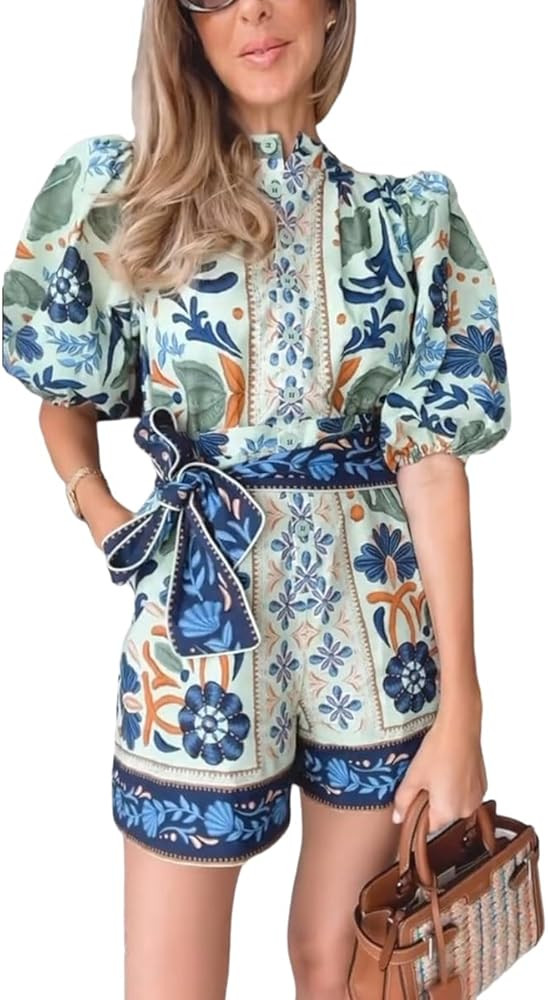 Wuitrie Boho Shorts Jumpsuit for Women Floral Print Puff Short Sleeve Romper with Pockets Summer ... | Amazon (US)