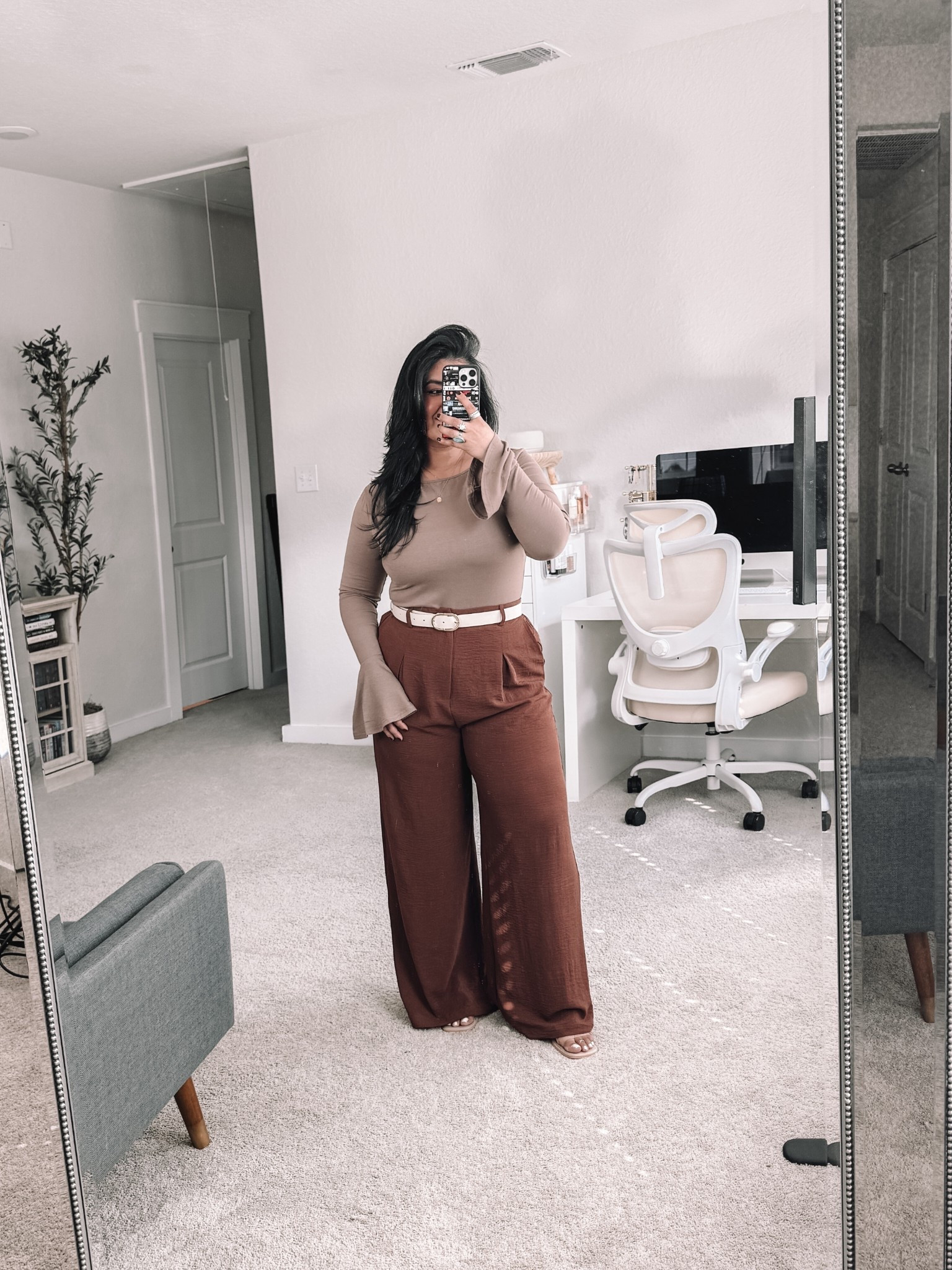 Amazon outfit! I’m 5’1”, size 12, large, around 165 lbs // PANTS: size large, shade Coffee, true to size. These are so lightweight and have a stretchy waist. TOP: size large, true to size, shade Khaki. So soft and stretchy, love the bell sleeves! // SHOES: so comfortable, true to size // also linking black oversized top from my IG reel and Skims high waisted thong (size large). 

#LTKPetite #LTKWorkwear #LTKMidsize