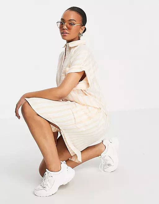 Monki Wanna midi shirt dress in peach stripe | ASOS (Global)