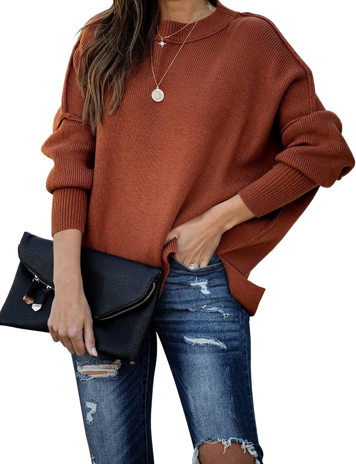 SERAIH Womens Batwing Sleeve Knit Pullover Crewneck Oversized Side Split Solid Sweaters Loose Top... | Amazon (US)