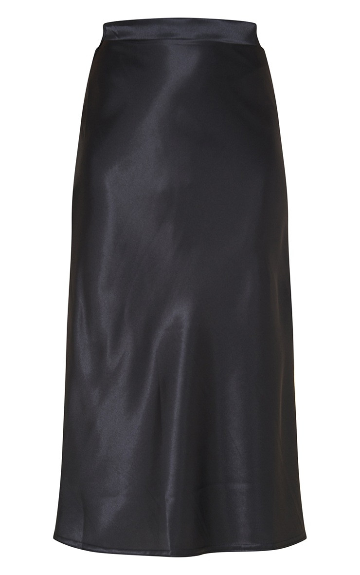 Black Satin Bias Cut Midi Skirt | PrettyLittleThing US
