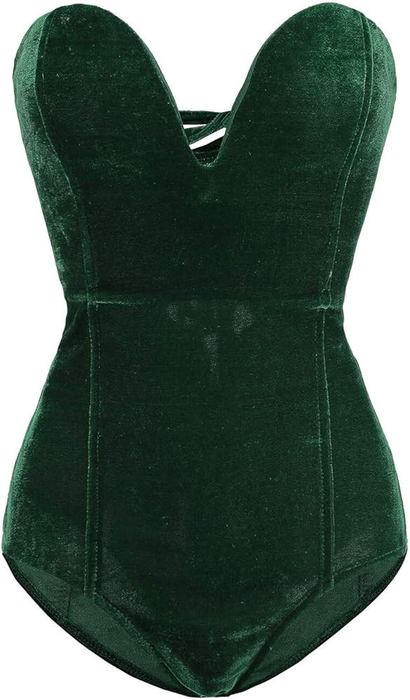 Choies Women's Burgundy/Black Sexy Plunge Neck Strapless Cross Back Velvet Bodysuit | Amazon (US)