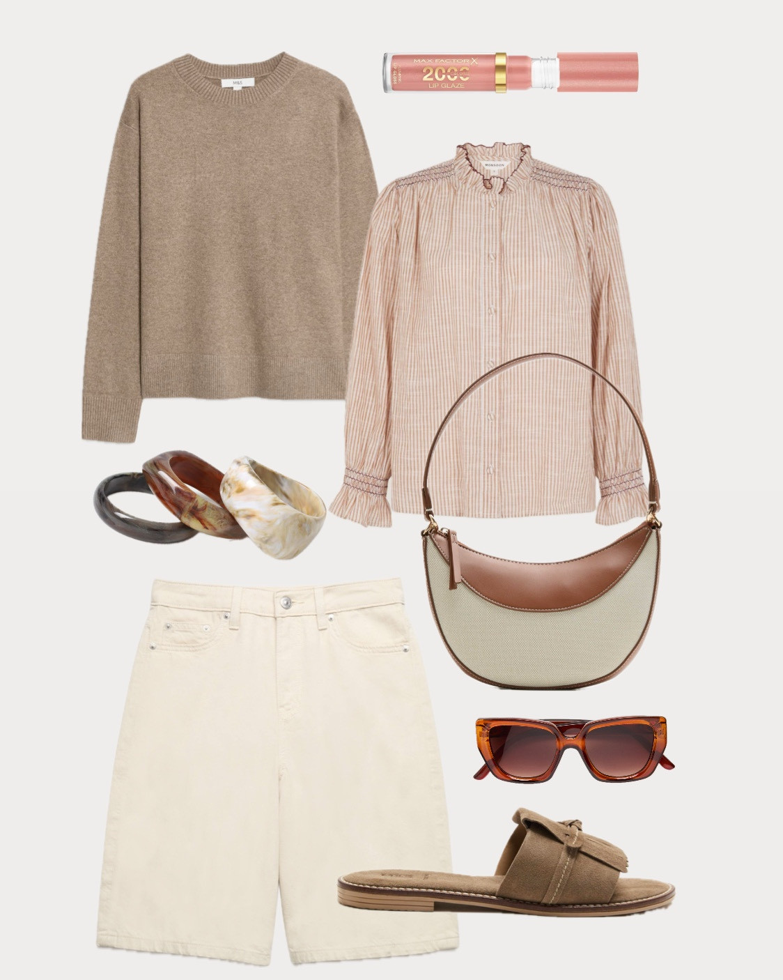 Stripe Shirt & Cream Shorts 
High Street alternatives. 
Neutral tones
Tan accessories 
Cream Denim Shirts 
Striped Shirt


#LTKstyletip #LTKspring #LTKover50style