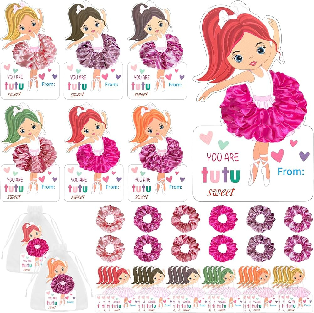 24 Set Valentines Day Gifts for Kids Classroom Valentines Ballerina Cards with Pink Hair Scrunchi... | Amazon (US)