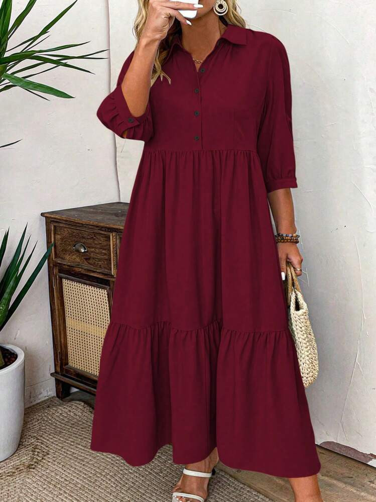Weeklong Plus Size Solid Color Button-Front Mid-Length Ruched Casual Shirt Dress Burgundy Maxi Women Outfit BASICS | SHEIN