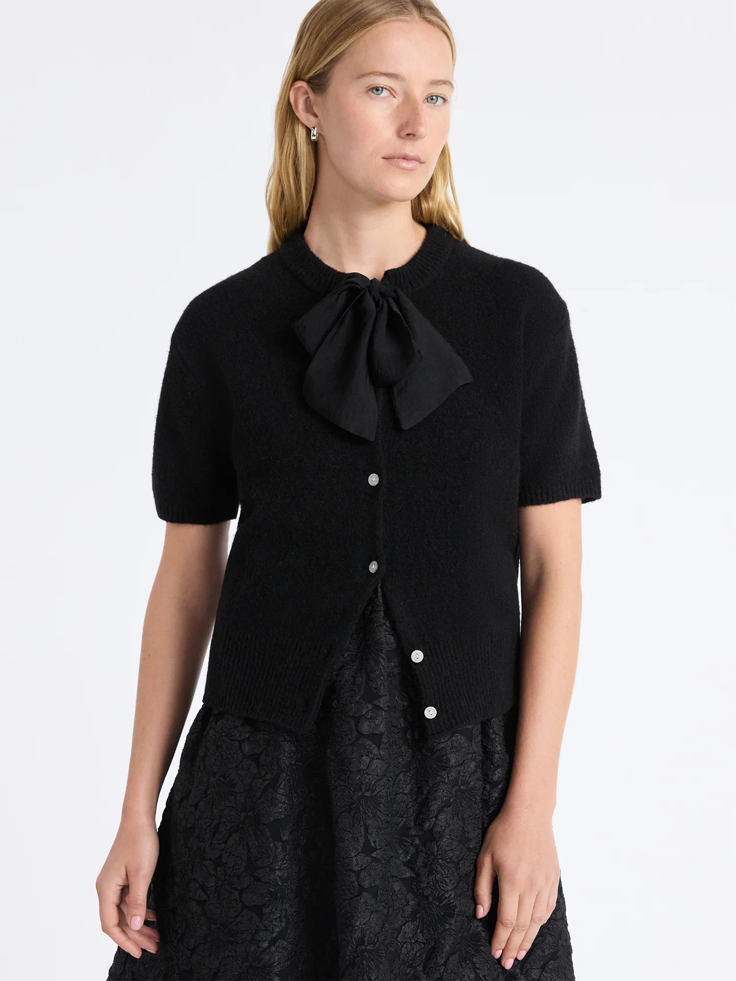 Free Assembly Women's Button-Front Bow Sweater with Short Sleeves, Midweight, Sizes XS-XXL | Walmart (US)