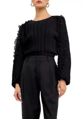 Endless Rose Women's Plisse Long Sleeve Blouse, Black, Large | Belk