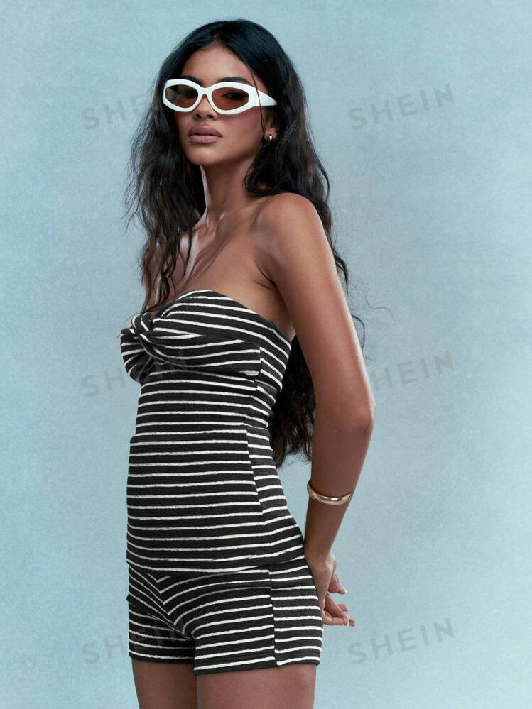 MISSGUIDED Twist Knot Bust Striped Textured Ribbed Bandeau Top | SHEIN