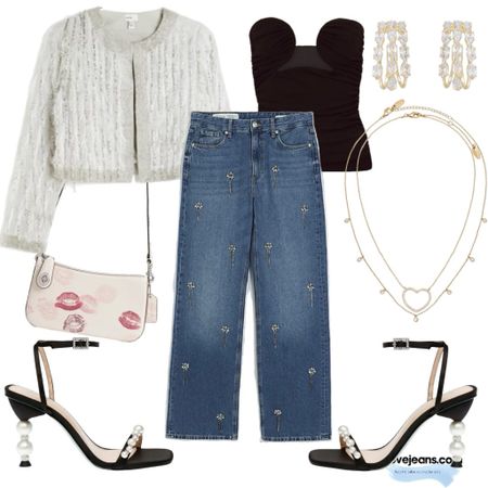 Evening jeans outfit / Date night jeans outfit  / going out outfit 
Embellishment jeans, corset top, evening jacket , pearl detail sandals, coach bag crystal huggie earrings, heart stacked necklace. 

#LTKstyletip #LTKtravel #LTKparties