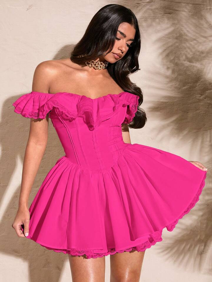 SHEIN BAE Summer  Sexy Sweet Off Shoulder Lace  Solid Color Ruffled Chest Lace Edge Sweet Puff Wo... | SHEIN