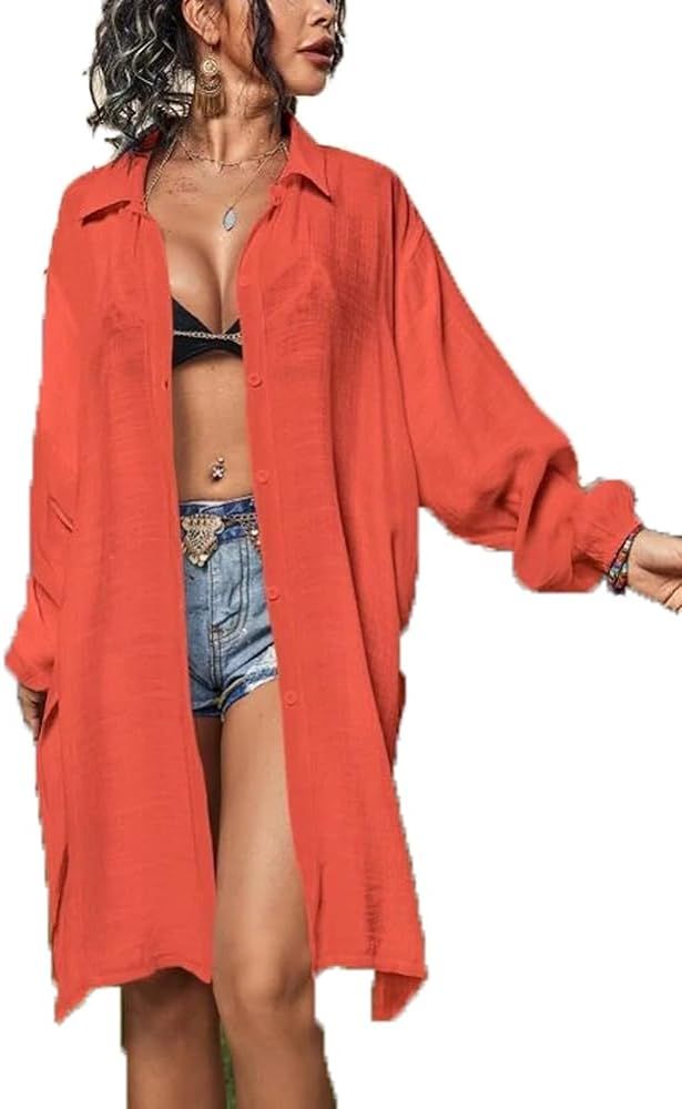 Womens Sunscreen Beach Shirt Dress Button Down Long Sleeve Shirts Bathing Suit Cover Ups Summer C... | Amazon (US)