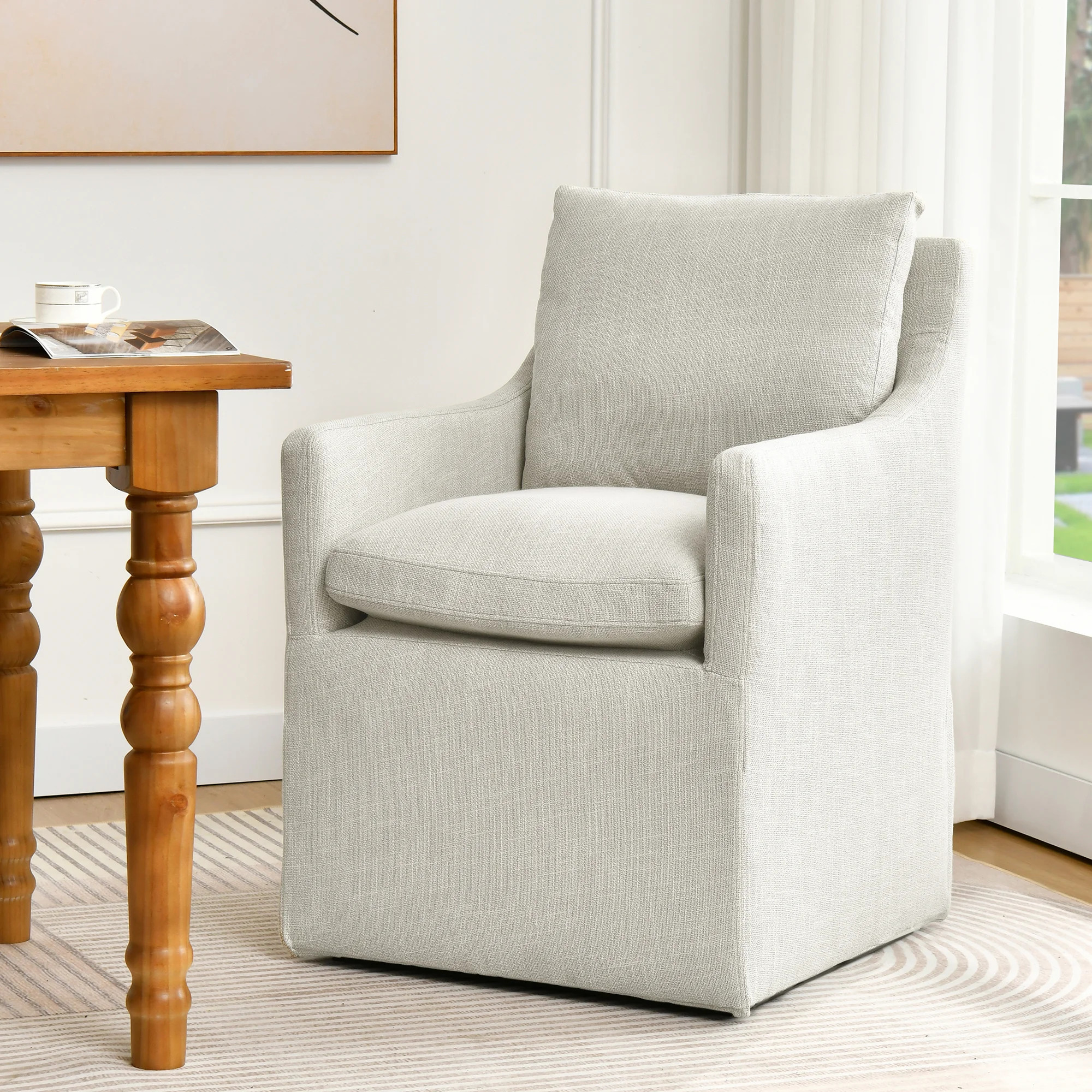 Bronte 24" Wide Country Farmhouse Linen Down Fill Upholstered Dining Armchair | Wayfair North America