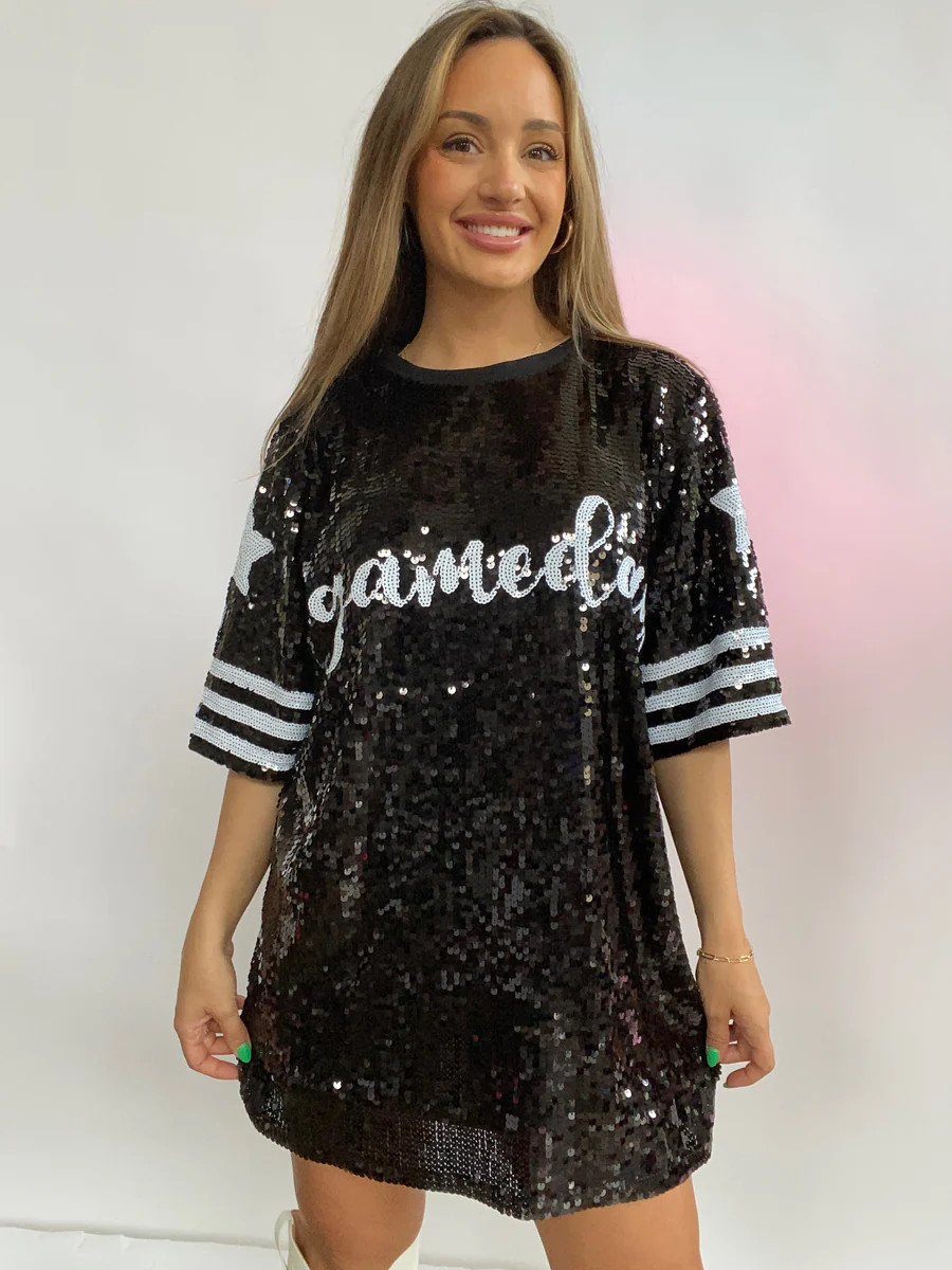 Game Day Script Sequin Dress- Black and White | Willow Boutique