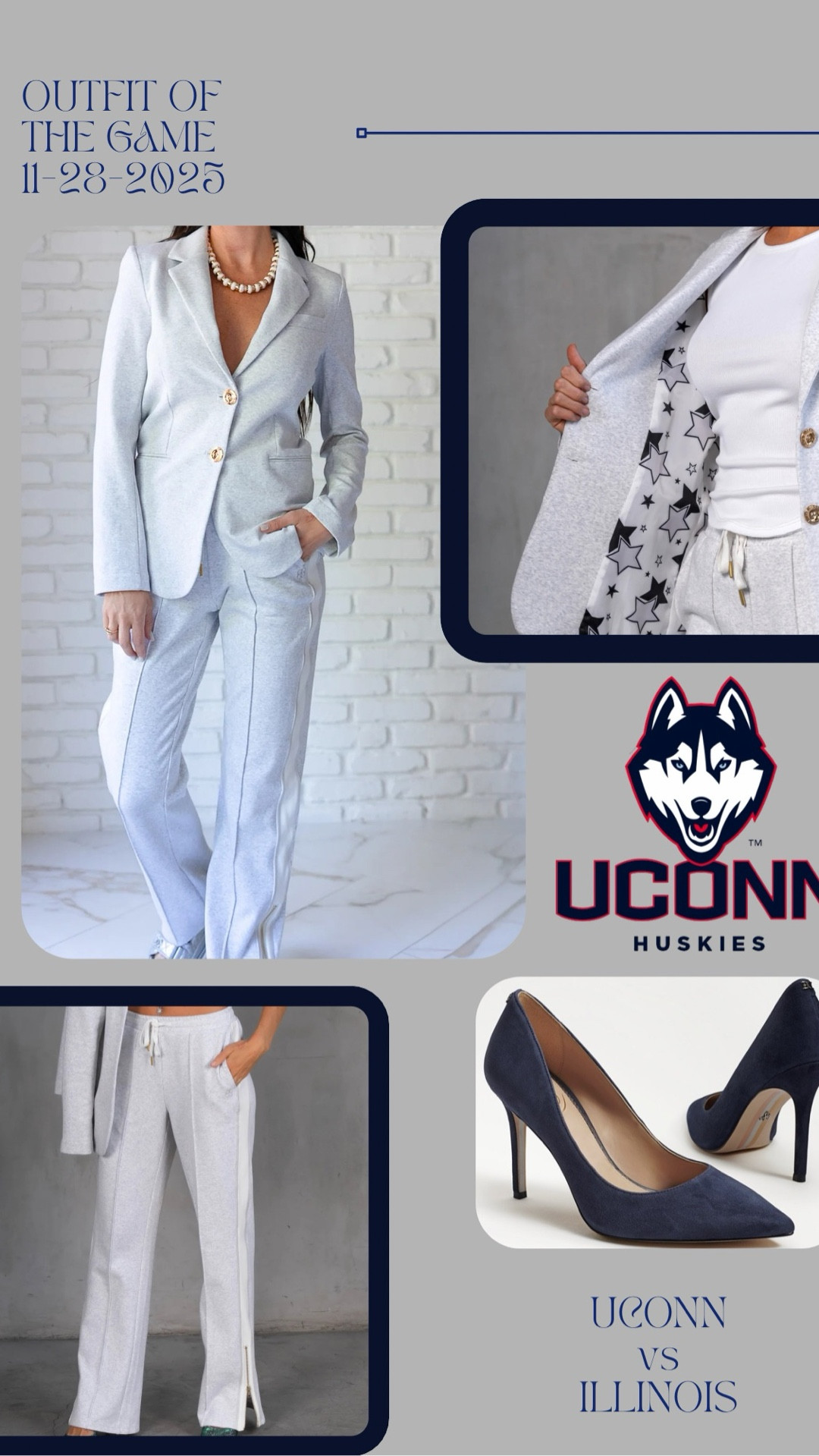 OOTG 11/28/25  NYC EDITION 🏀💙🗽

Tee // Free people 
Blazer // Care Tucker Morrison Interlock Blazer in Ice Grey 
Pants // Care Tucker Jordan Interlock Pants in Ice Grey 
Shoes : Sam Edelman Hazel Pointed Toe Pumps in Navy Suede

Shopping this look supports Connecticut Children’s Medical Center ❤️
#LTK #GameDayStyle #uconnhuskies #OOTG #caretucker #samedelman #freepeople

#LTKgrwm