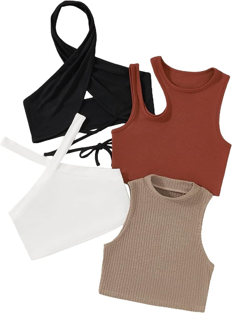 MakeMeChic Women's Casual 4 Pieces Solid Ribbed Knit Crop Tank Tops Vest Pack | Amazon (US)