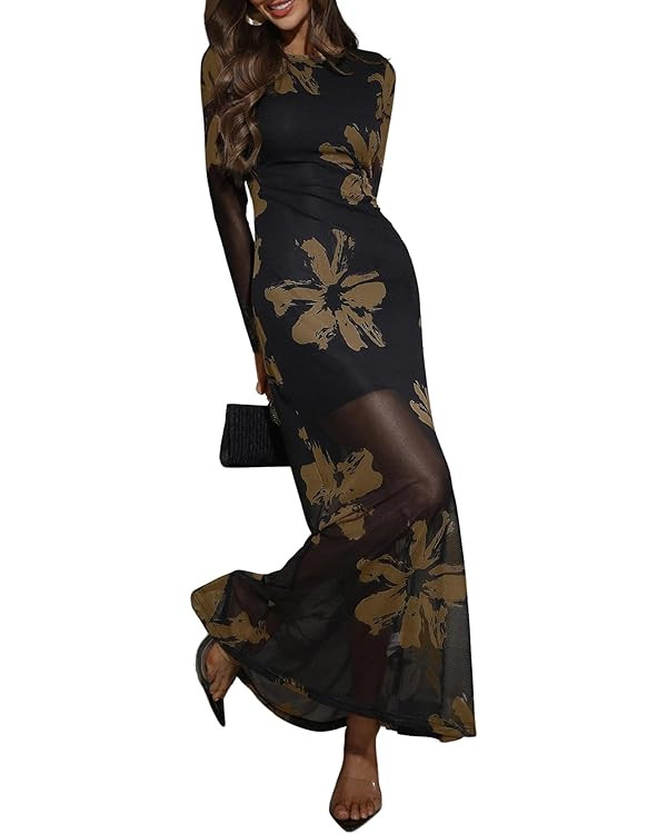 Verdusa Women's Floral Mesh Maxi Dresses Long Sleeve Elegant Formal Wedding Guest Dress Cocktail ... | Amazon (US)