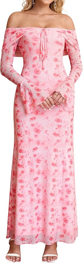 KUTUMAI Elegant Off Shoulder Long Sleeve Maxi Dress Bodycon Tie Formal Wedding Guest Dresses for ... | Amazon (US)