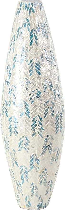 Deco 79 Mother of Pearl Handmade Tall Mosaic Vase with Blue Accents, 10" x 10" x 33", White | Amazon (US)