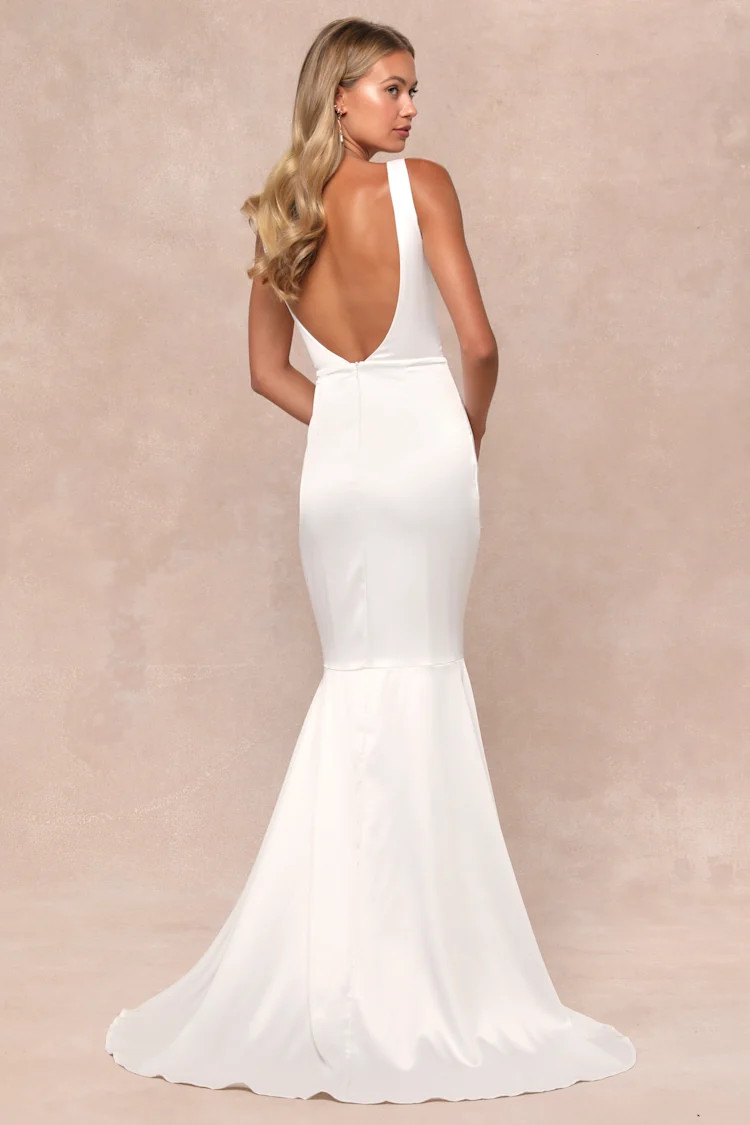 Luxe Loveliness White Satin Backless Mermaid Maxi Dress | Lulus