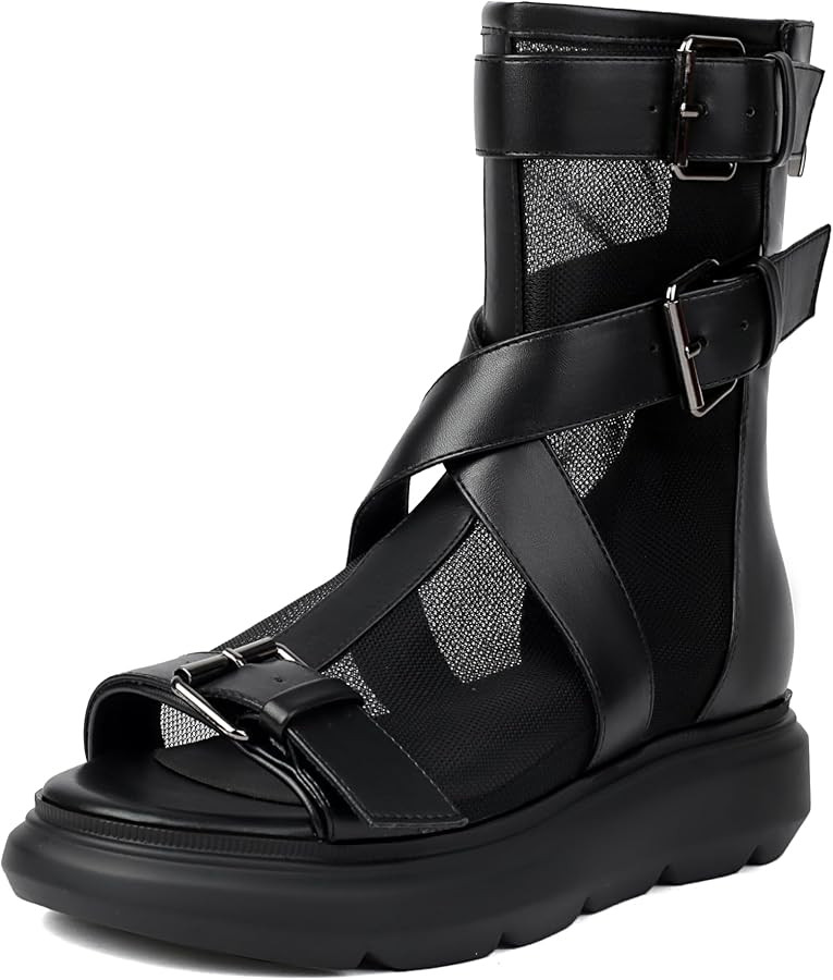 Black Leather Gladiator High Top Sandals for Women Open Toe Flat Platform Mesh Ankle Boot With Bu... | Amazon (US)