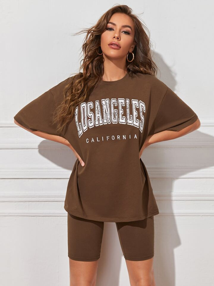 SHEIN EZwear Letter Graphic Tee And Biker Shorts Set | SHEIN