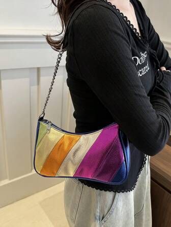 1pc Iridescent PU Women Shoulder Bag, Fashionable Color Block Patchwork Crossbody | SHEIN
