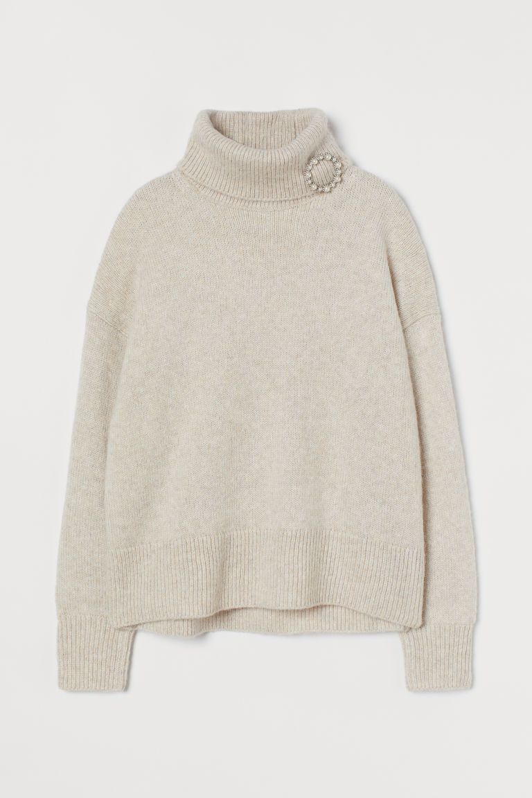 H & M - Turtleneck Sweater with Brooch - Brown | H&M (US + CA)
